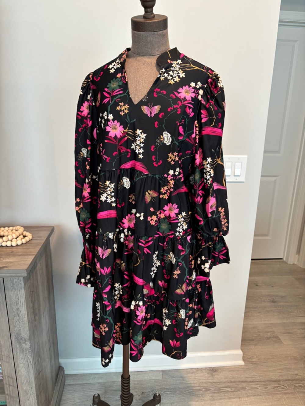 Jude Connally Black Long-Sleeve Tiered Dress with Pink Floral Print